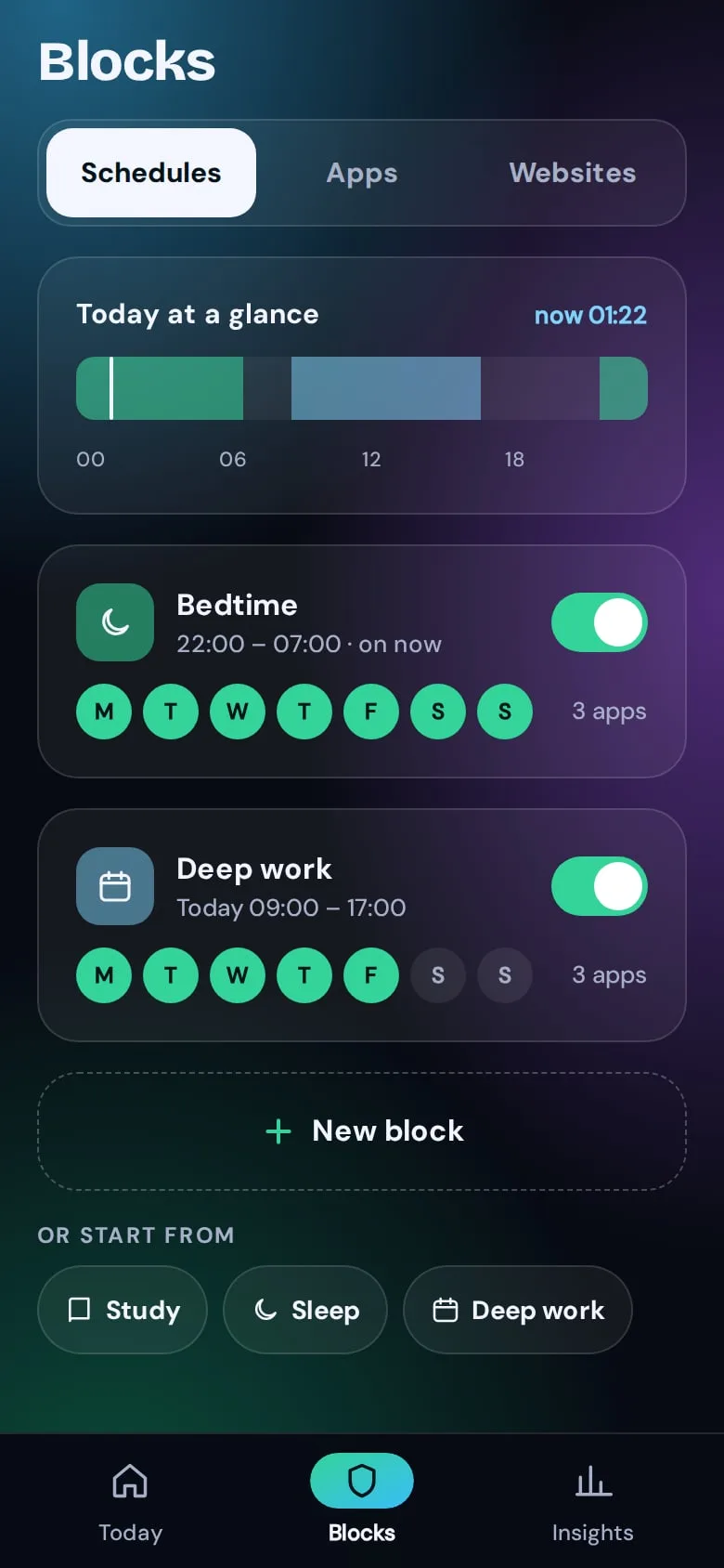 Your blocks in ScreenLimit: bedtime and deep work.