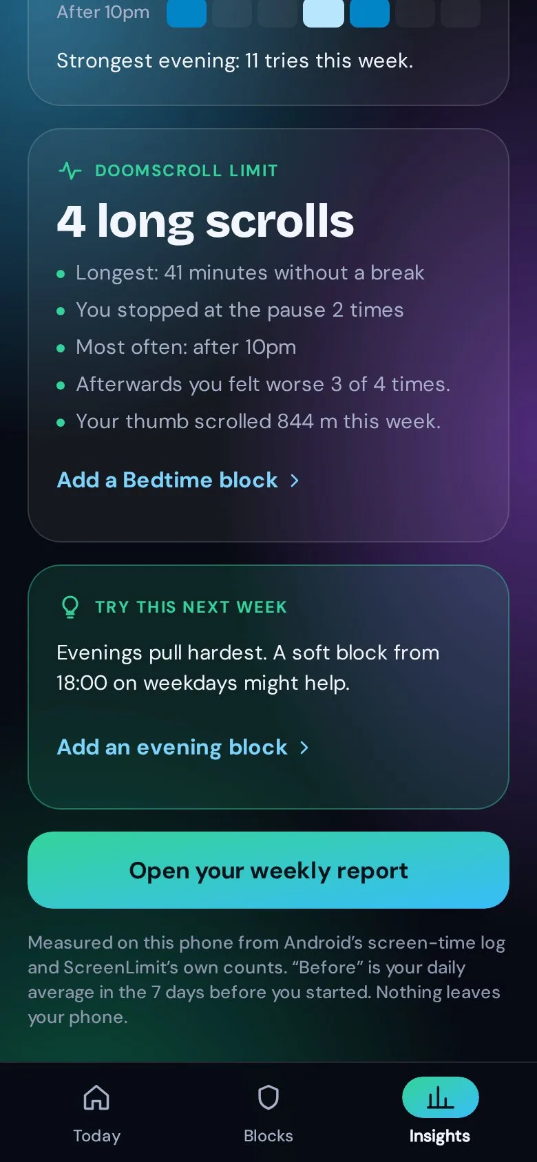 Insights in ScreenLimit: this week’s long scrolls, the longest, and how they felt.