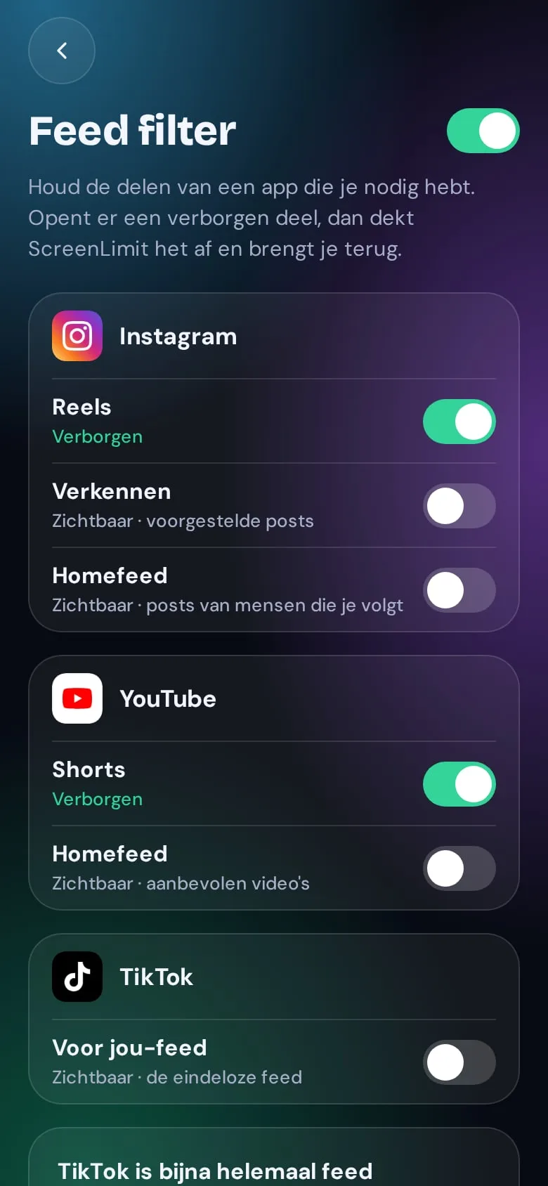 Instellingen van Feed filter: Reels en Shorts verborgen.