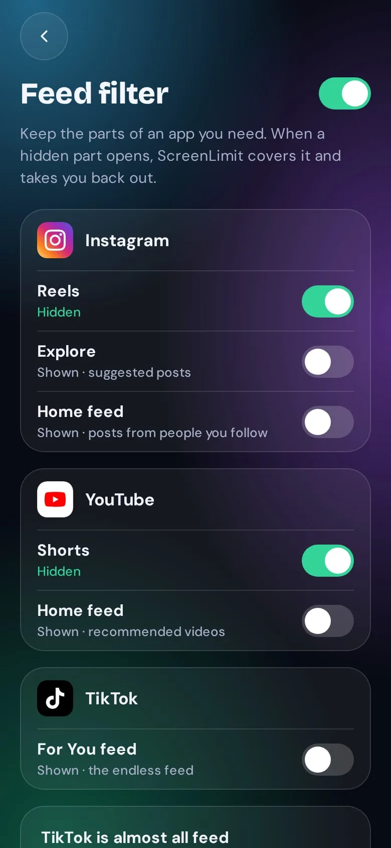 Feed filter settings: Reels and Shorts hidden.