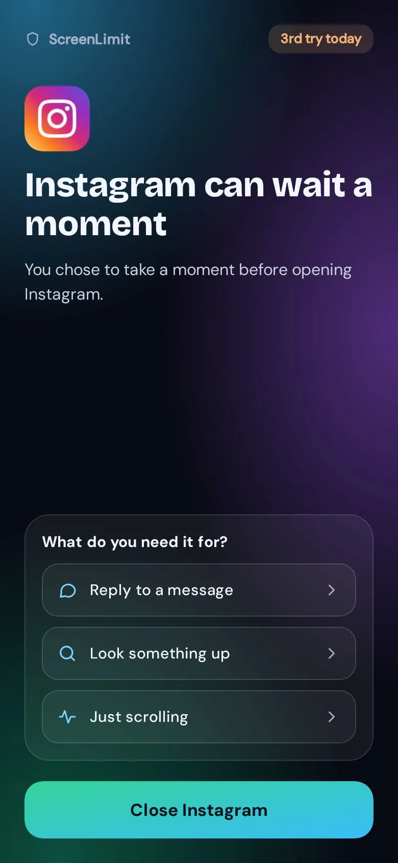 The ScreenLimit pause screen: Instagram can wait a moment.